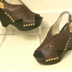 Michael Kors Brown Harlow Gold Stud Wedge Sandals